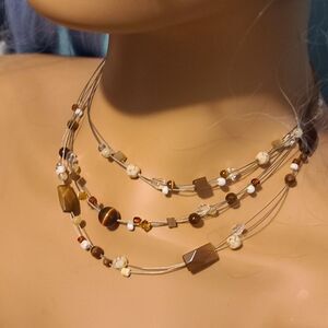 Beautiful Neutral Color Glass Beaded Floating 3 Layered Necklace
